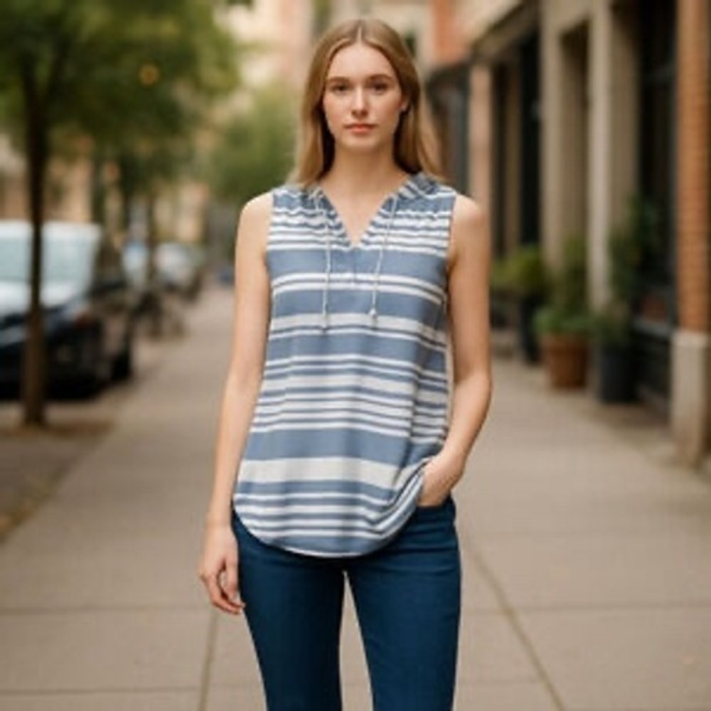 Prana Womens Blue White Striped Sleeveless Tunic Tie Neck Top Size 6